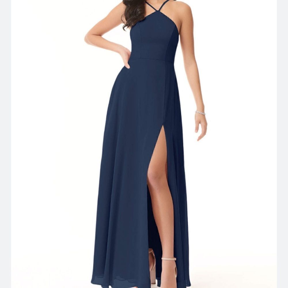 Lulu's Halter A-Line Pleated Mesh Floor-Length Maxi Bridesmaid Dress in Size M